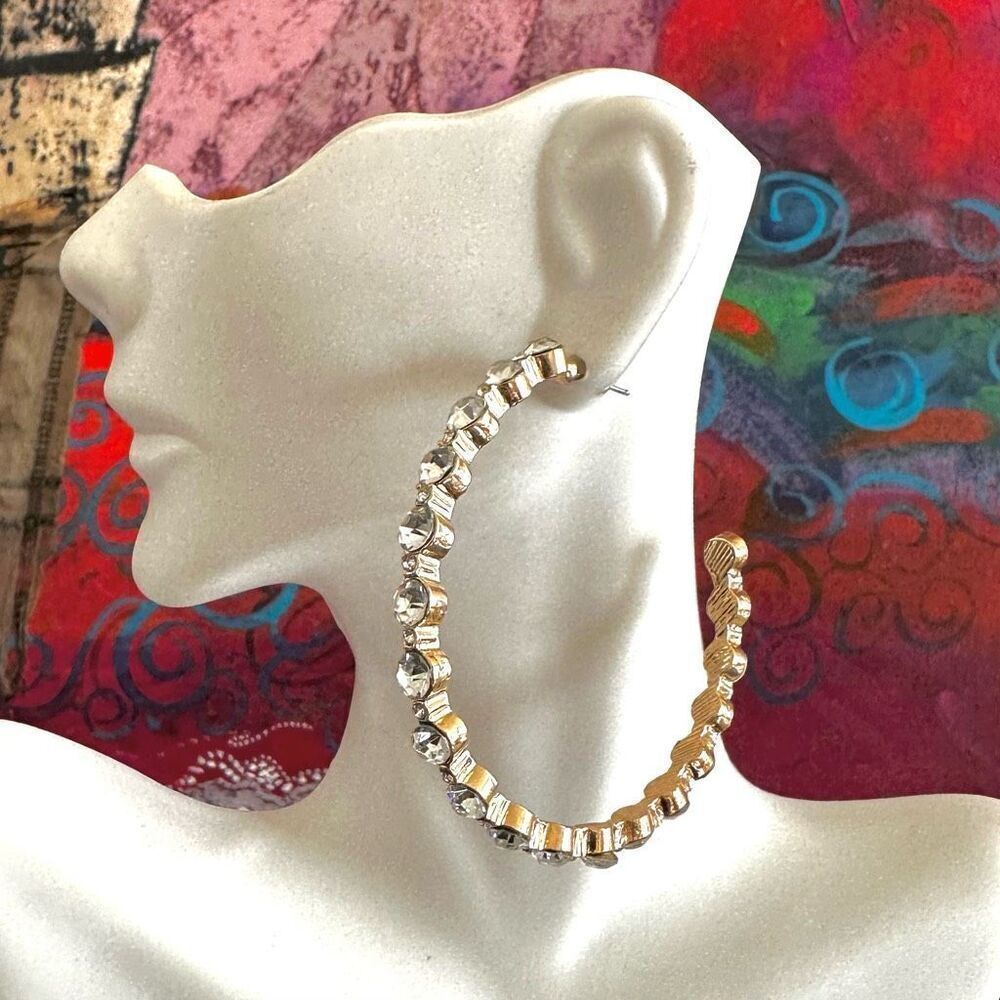 Gold tone large rhinestone hoop earrings